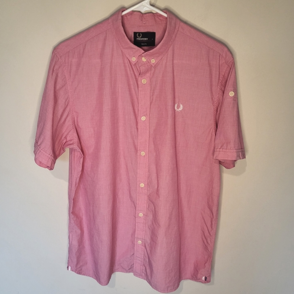 Fred Perry Short Sleeve Shirt Cotton Pink Size Large Slim Fit